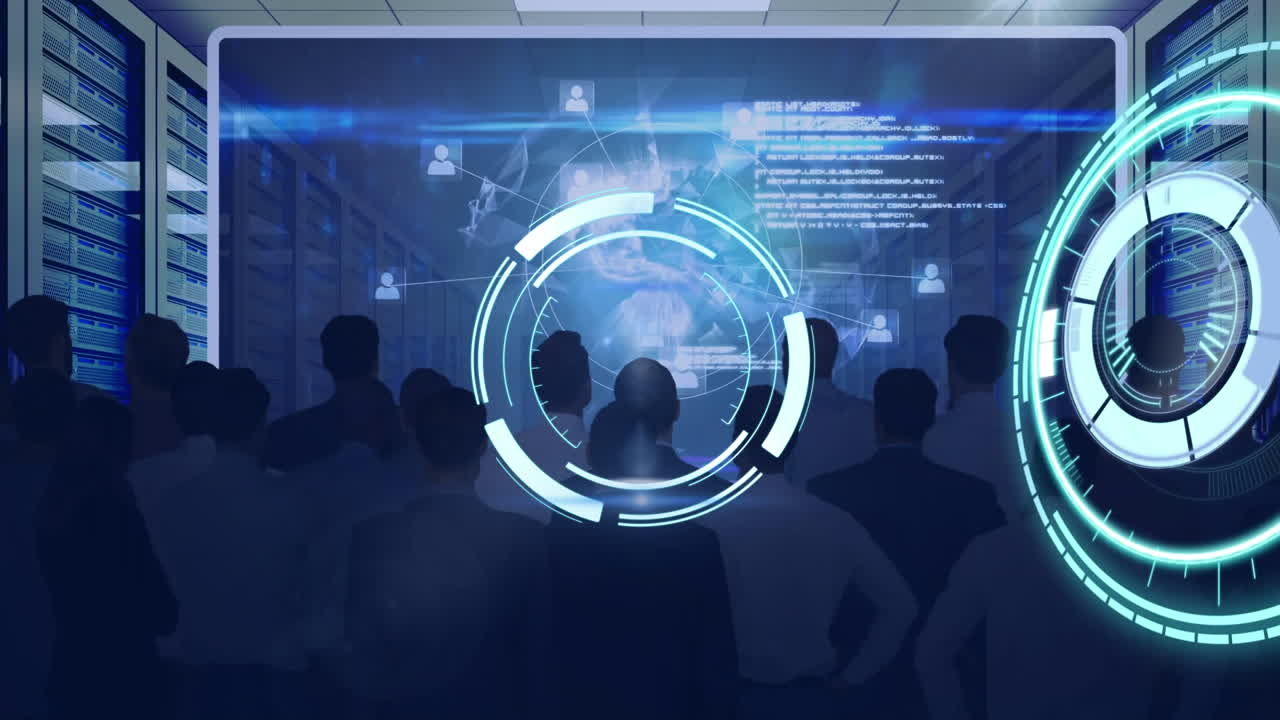 Animation of scopes scanning and data processing over businesspeople