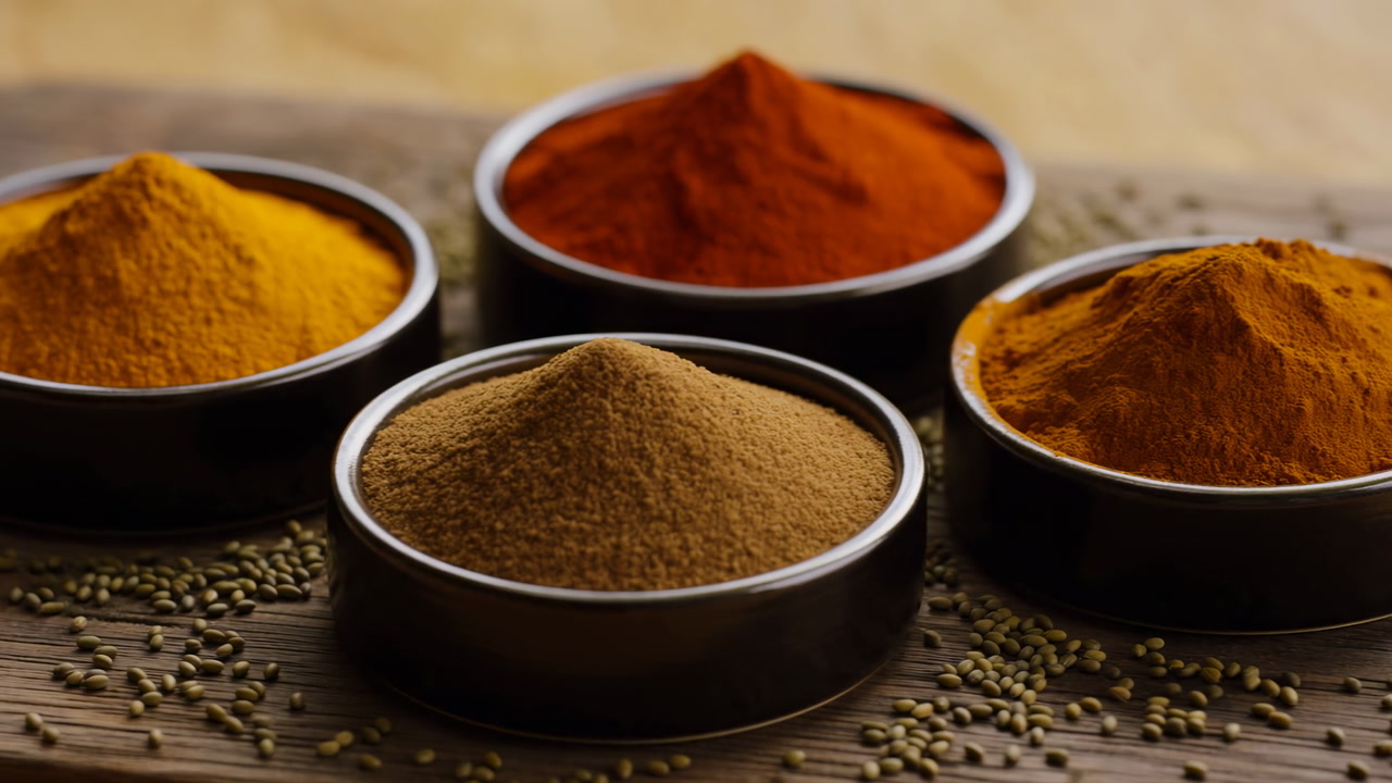 Vibrant Spice Bowls On Wooden Board Showcasing Warm Turmeric, Paprika, And Cumin Powders In Metal Bowls