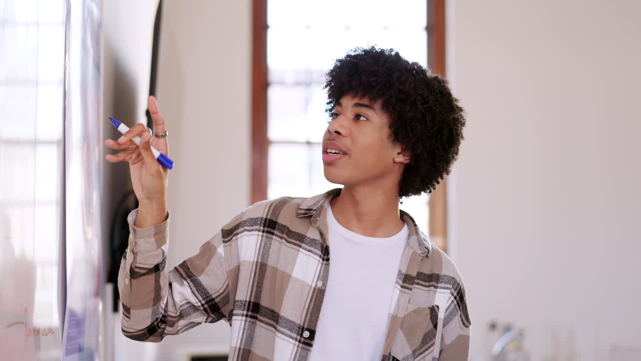 School, presentation and student writing on board