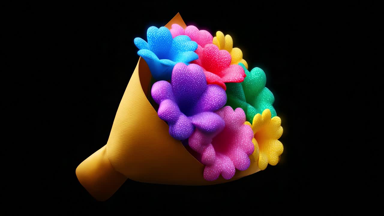 A Vibrant Bouquet of Colorful, Textured Flowers Perfectly Arranged in a Yellow Wrapper Against a Black Background, Showcasing Artistic Floral Design and Lifelike Quality