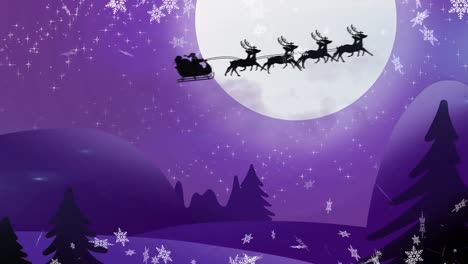 Snowflakes-floating-against-santa-claus-in-sleigh-being-pulled-by-reindeers-in-night-sky