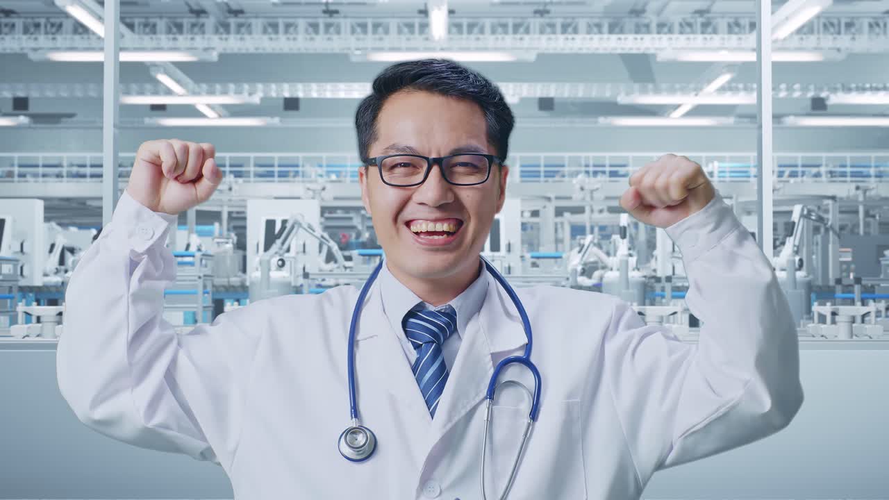 Close Up Of Asian Male Doctor With Stethoscope Smile And Flex Muscle In Laboratory