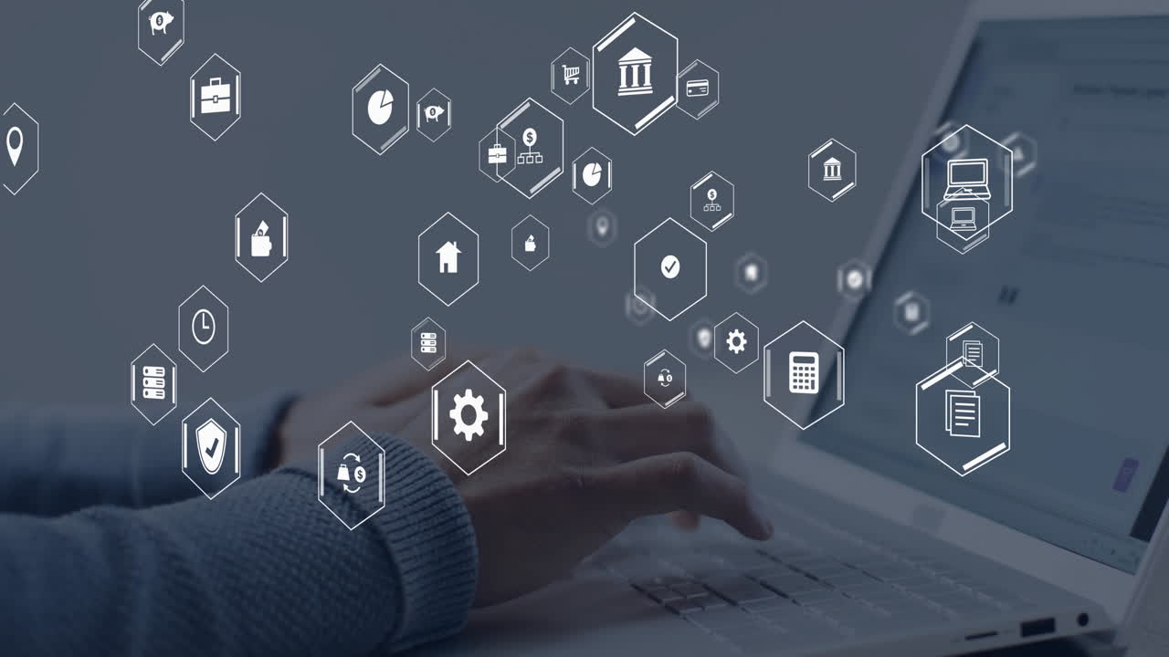 animación de iconos de negocios sobre empresario biracial usando una computadora portátil