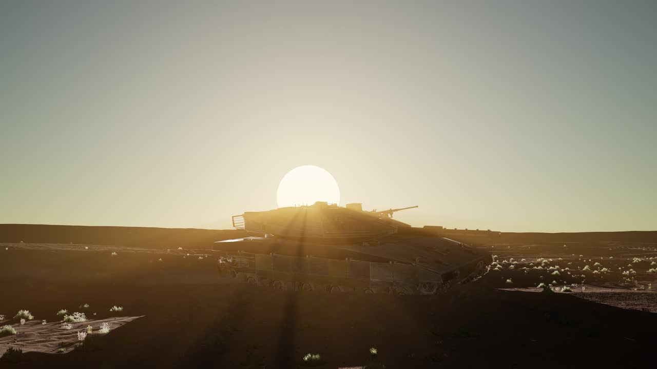 старый ржавый танк в пустыне на закате