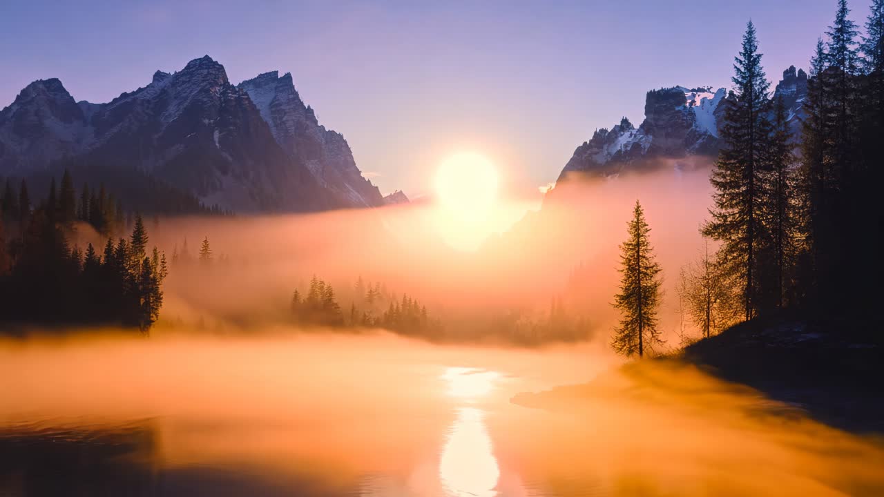 A beautiful mountain landscape with a large sun in the sky. The sky is a deep purple color and the sun is setting. The scene is peaceful and serene