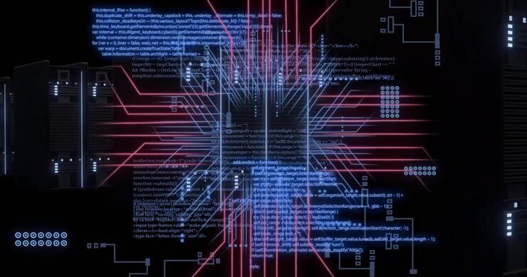 Animation of digital data processing and circuit board over black background