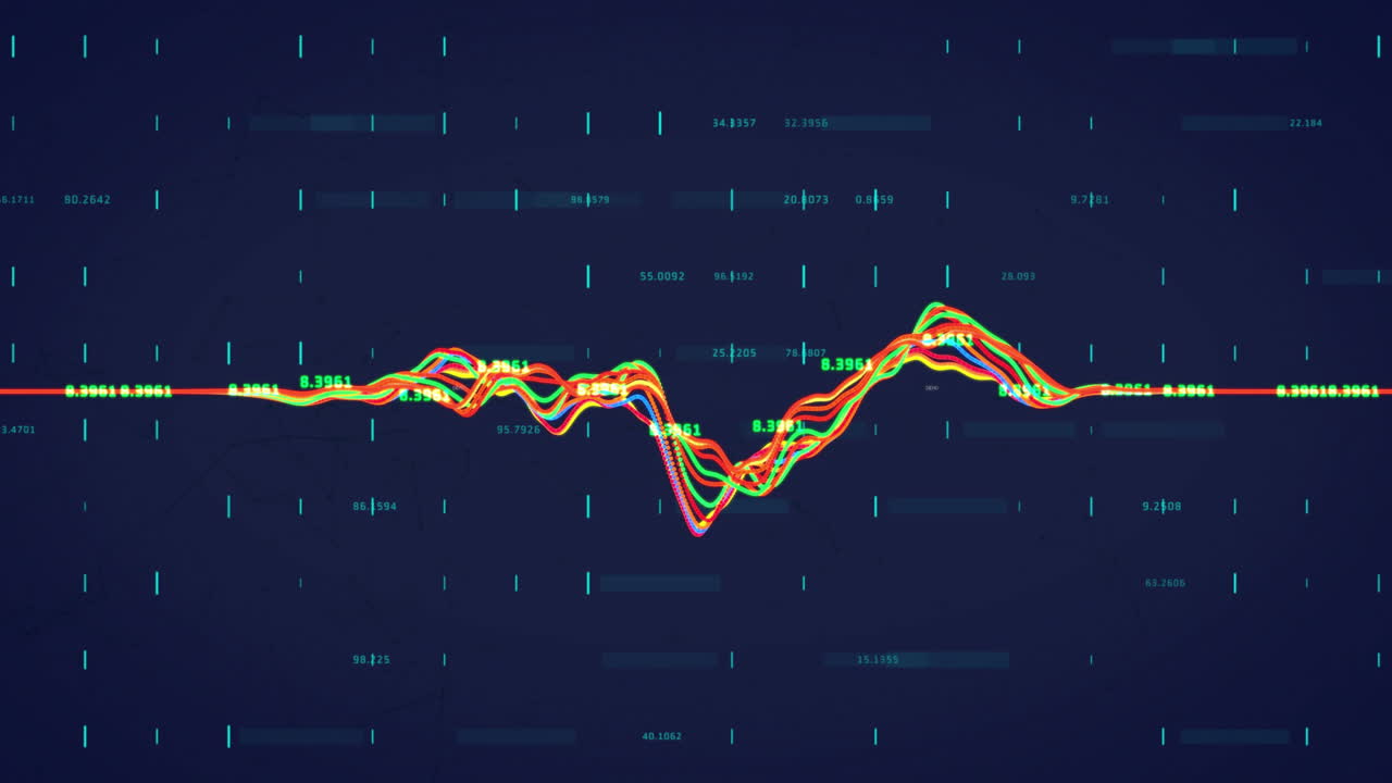 Animation of financial data processing over network of connections on black background