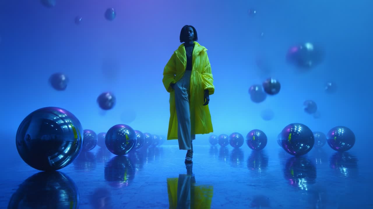 A striking visual of a figure in a vibrant yellow coat, gracefully walking through a surreal landscape filled with reflective spheres and an ethereal mist, creating a dreamlike ambiance of modern art and fashion