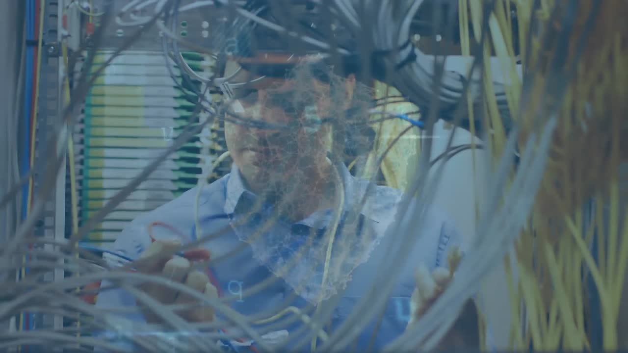 Animation of data processing over latino male engineer working with cables at server room