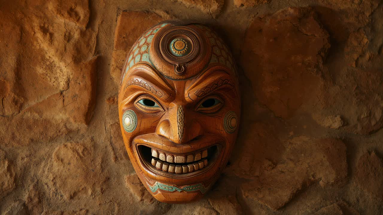 Verschuivend warm licht over een gesneden houten masker aan een stenen muur, met geschilderde motieven, metalen ring