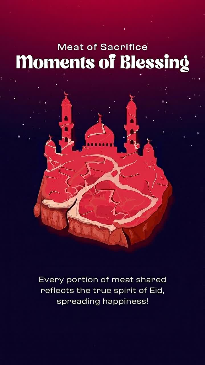 Animazione verticale per Eid Al Adha a tema sacrificio con illustrazione di carne, silhouette di moschea e design del messaggio di benedizione festiva