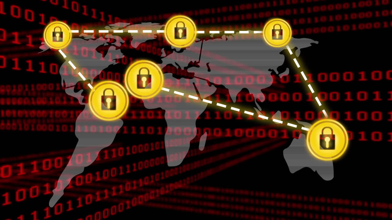 바이너리 코드의 애니메이션, 어두운 배경에 온라인 보안  ⁇ 락을 가진 연결 네트워크