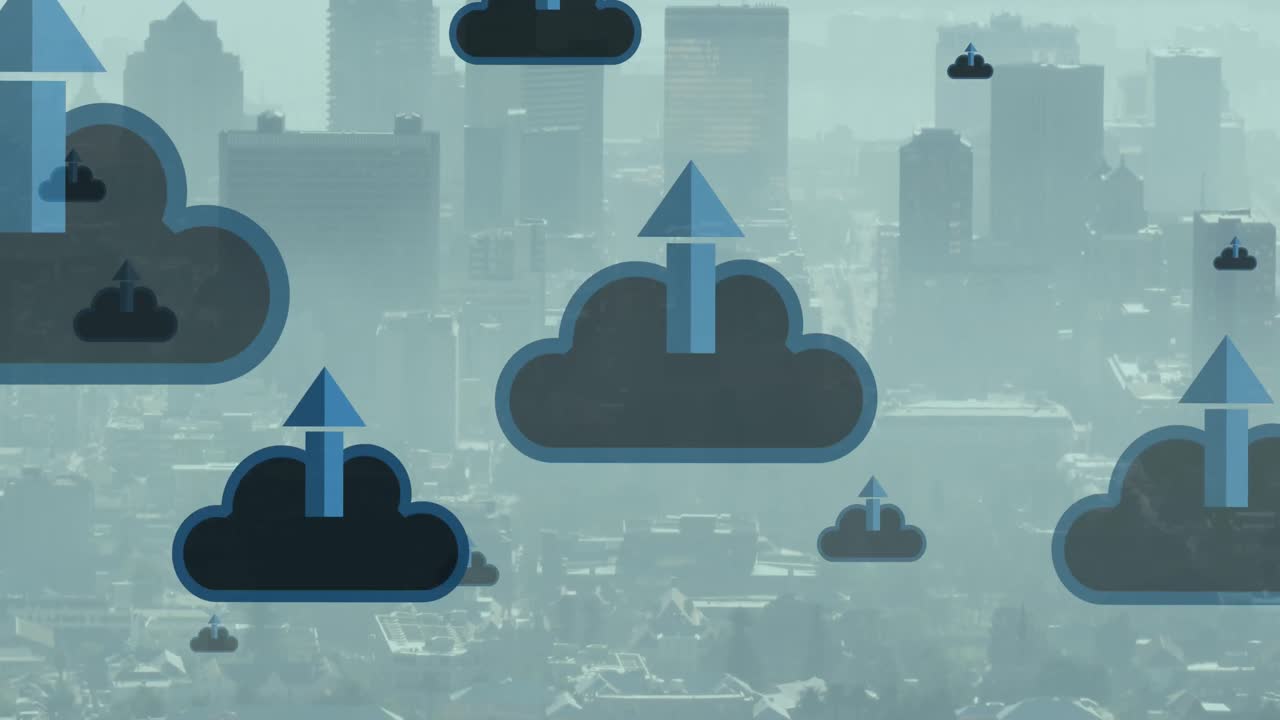 animación de nubes con flechas y procesamiento de datos sobre el paisaje urbano.