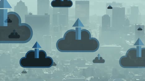 Animation-Von-Wolken-Mit-Pfeilen-Und-Datenverarbeitung-über-Dem-Stadtbild