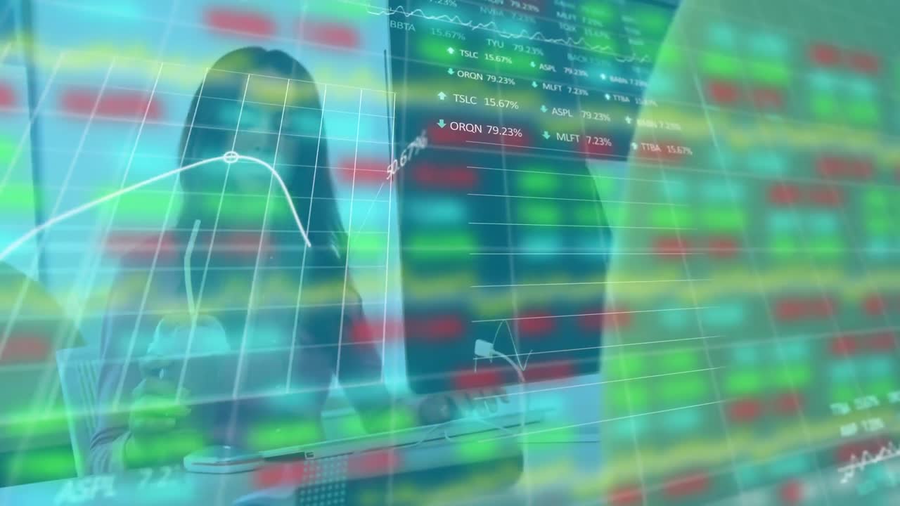 사무실에서 사업가 여성에 대한 금융 데이터 처리의 애니메이션