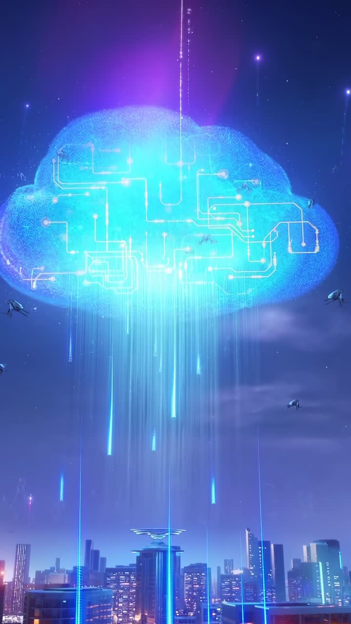 Futuristic cityscape with a glowing digital cloud above, viewed from a low angle, video concept