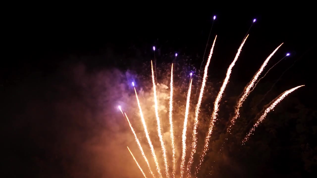 Golden fireworks trails ascending into the dark night sky. Professional pyrotechnic display with sparkling light effects for festive events.