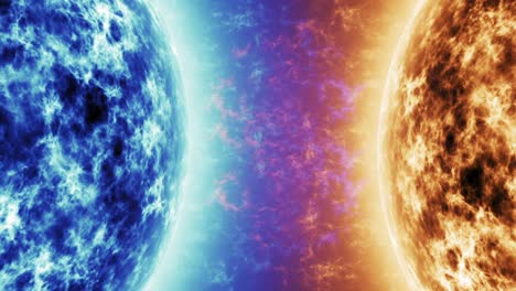 estrella azul contra estrella roja. superficie solar roja con llamaradas solares contra sol azul aislado en negro. superficie solar altamente realista con espacio para su texto o logotipo 4k.