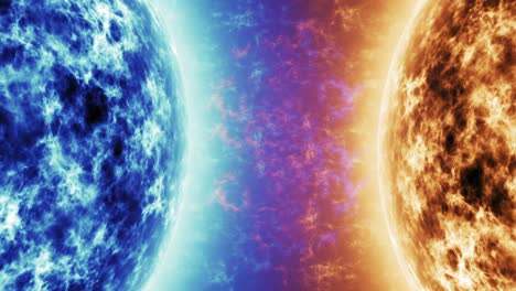 blue star vs red star. red sun surface with solar flares against blue sun isolated on black. highly realistic sun surface with space for your text or logo 4k.