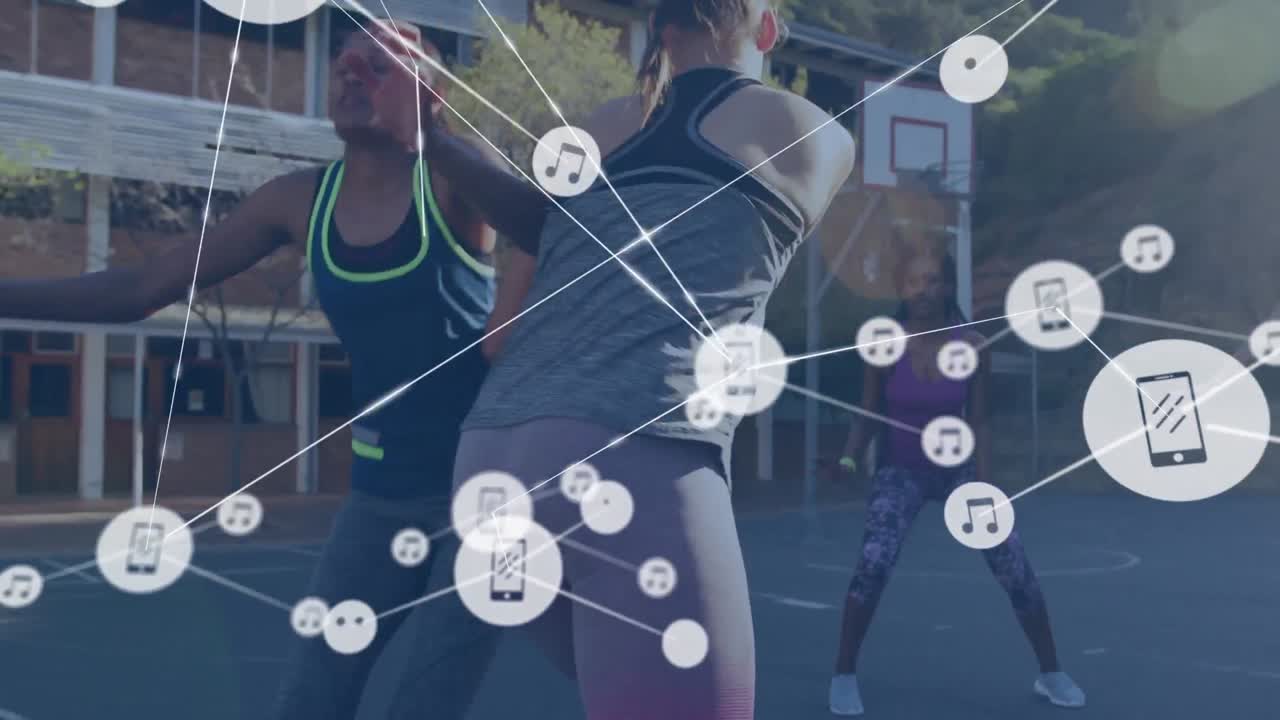 animación de redes de conexiones sobre jugadoras de baloncesto