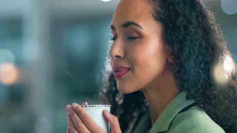 inspiration, thinking and businesswoman drinking