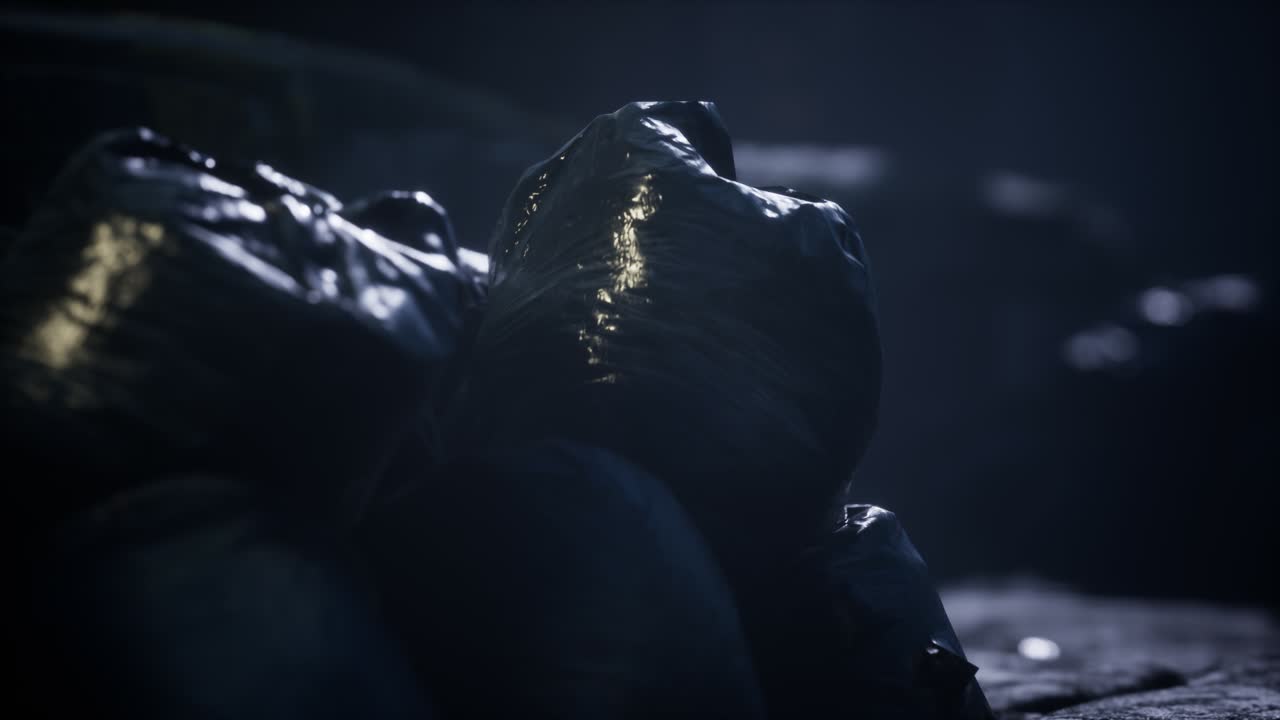 мешки с мусором на городской улице в ночь