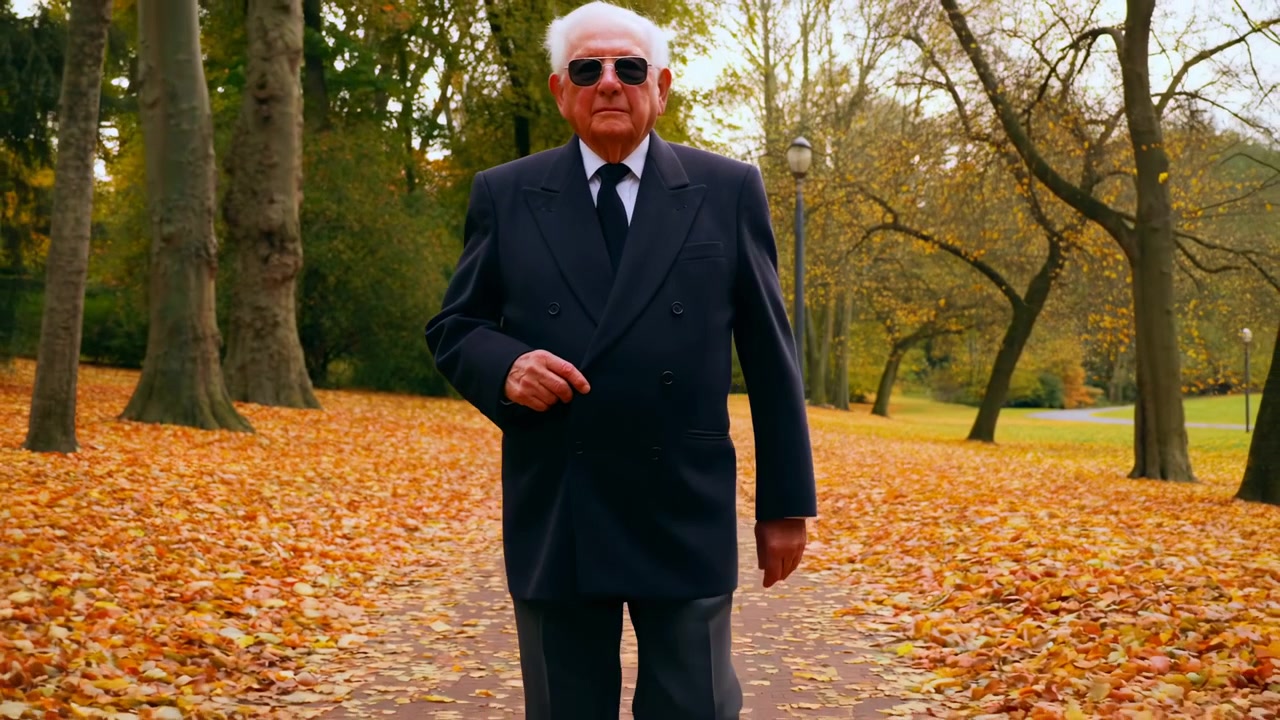 Un uomo anziano con capelli bianchi cammina con passo fermo lungo un sentiero lastricato attraverso un parco autunnale, indossando una giacca scura formale e una cravatta mentre foglie arancioni coprono il terreno sotto alberi maturi.