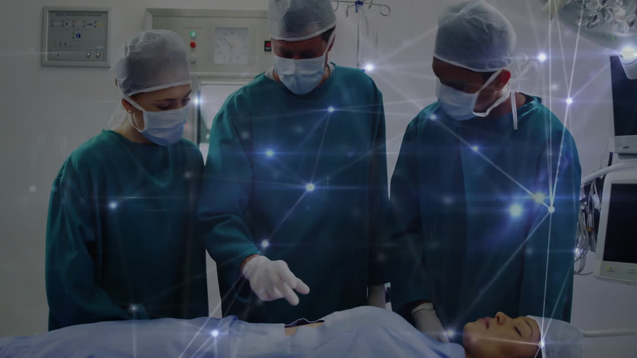 Doctors performing surgery with network connections animation over operating room