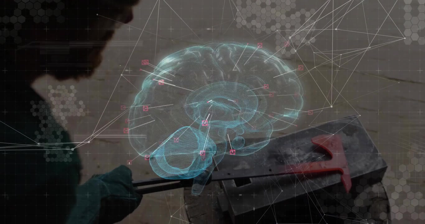 Metalworker rotating hot rod on anvil activating brain hologram mapping metal shape for fabrication