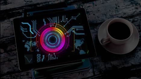 animation of motherboard and colourful circular scanner processing data on screen of tablet on desk