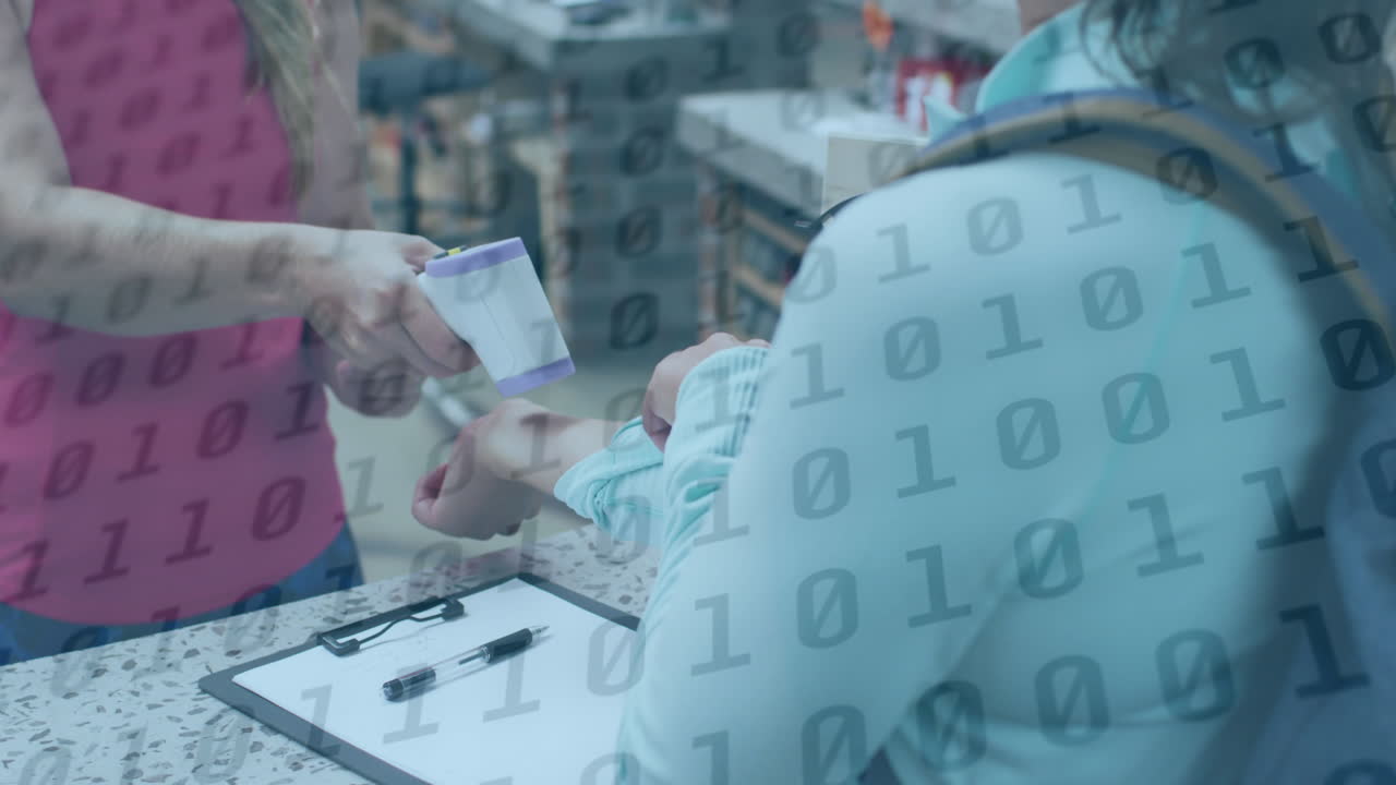 Animation of binary coding over caucasian female worker with face mask taking temperature