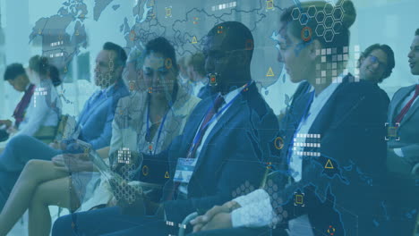 data processing animation shown on tablet at a business conference.