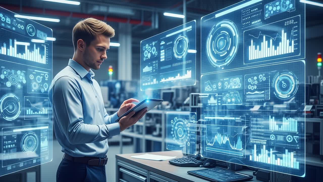 A focused professional analyzes digital data on a tablet amidst a futuristic workspace filled with interactive graphs and visualizations, showcasing advanced technology in action