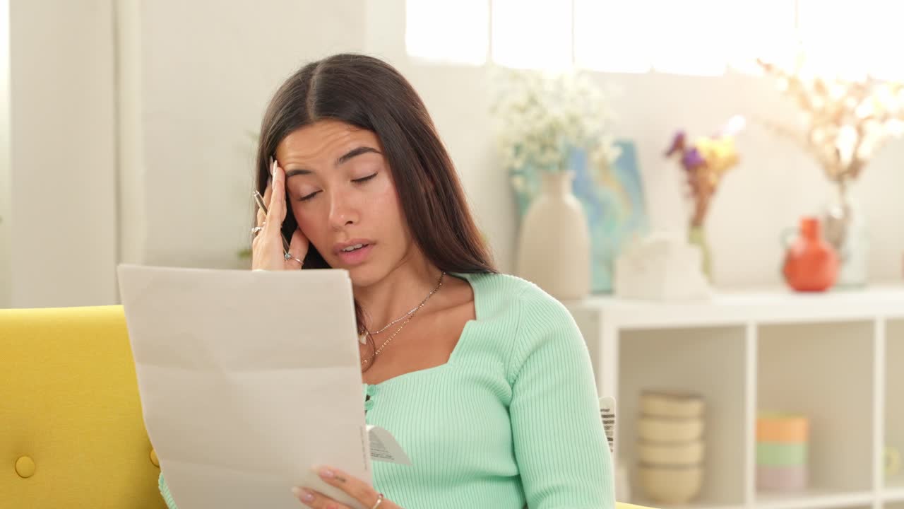 Woman looking concerned while reading documents