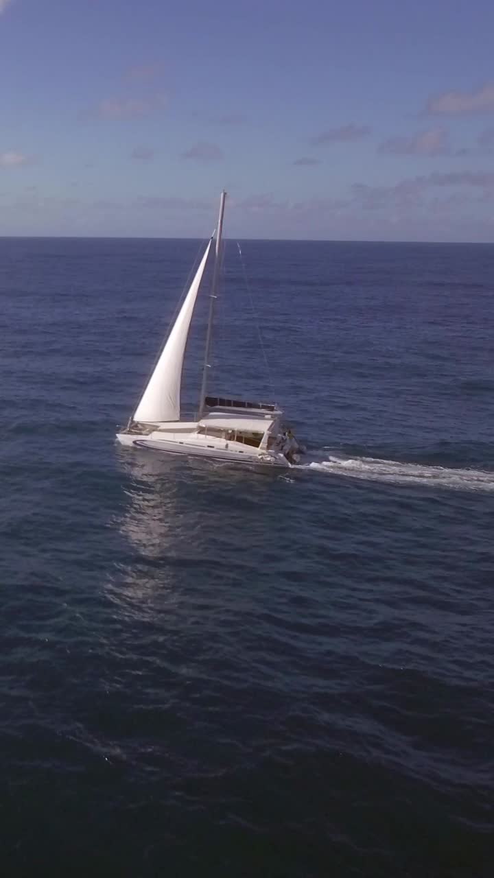 Catamarano a vela bianco che naviga sull'oceano blu.