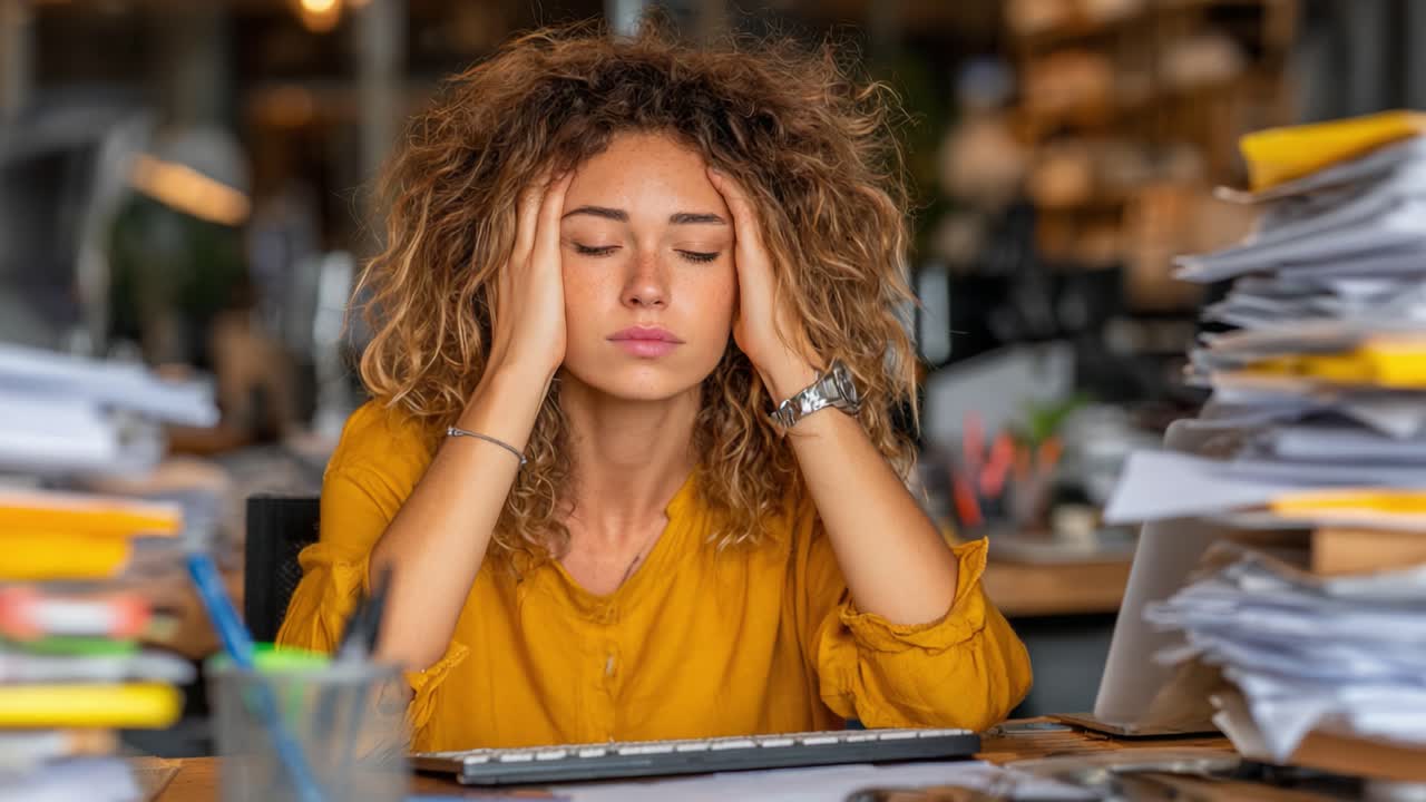 A Young Woman in a Yellow Top Experiencing Stress at Work While Surrounded by a Mountain of Papers in a Busy Office Environment, Focused Yet Overwhelmed