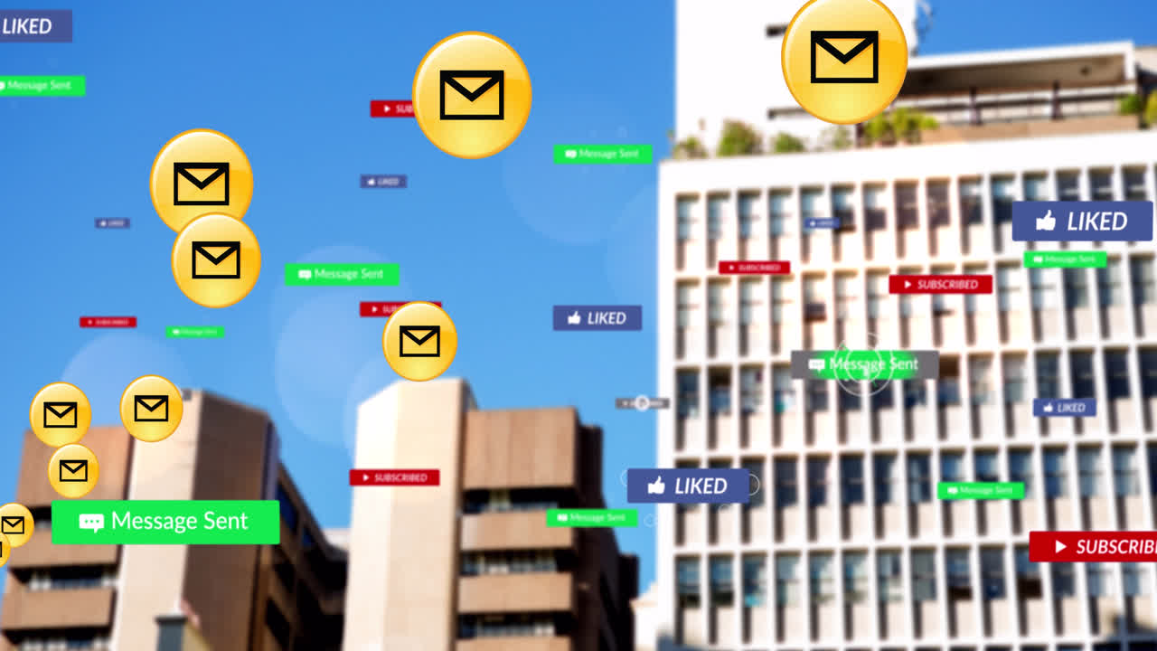 Animation of falling social media icons over cityscape