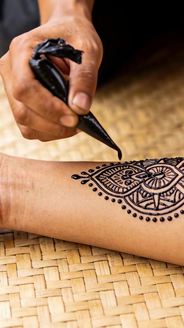 Video verticale: Artista decoratore che disegna un mandala mentre il cliente appoggia l'avambraccio su un tappetino con un cono di henné