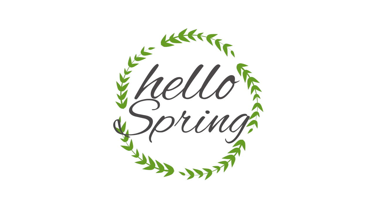 Hello Spring with green leaves in circle on white gradient