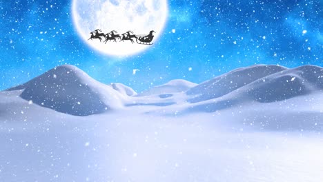 Digital-animation-of-snow-falling-over-winter-landscape-and-black-silhouette-of-santa-claus