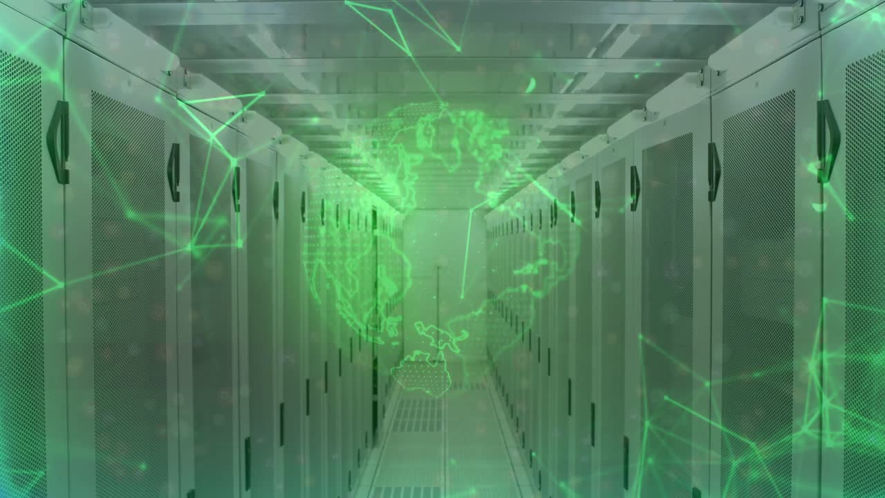 Animation of data processing and globe over server room