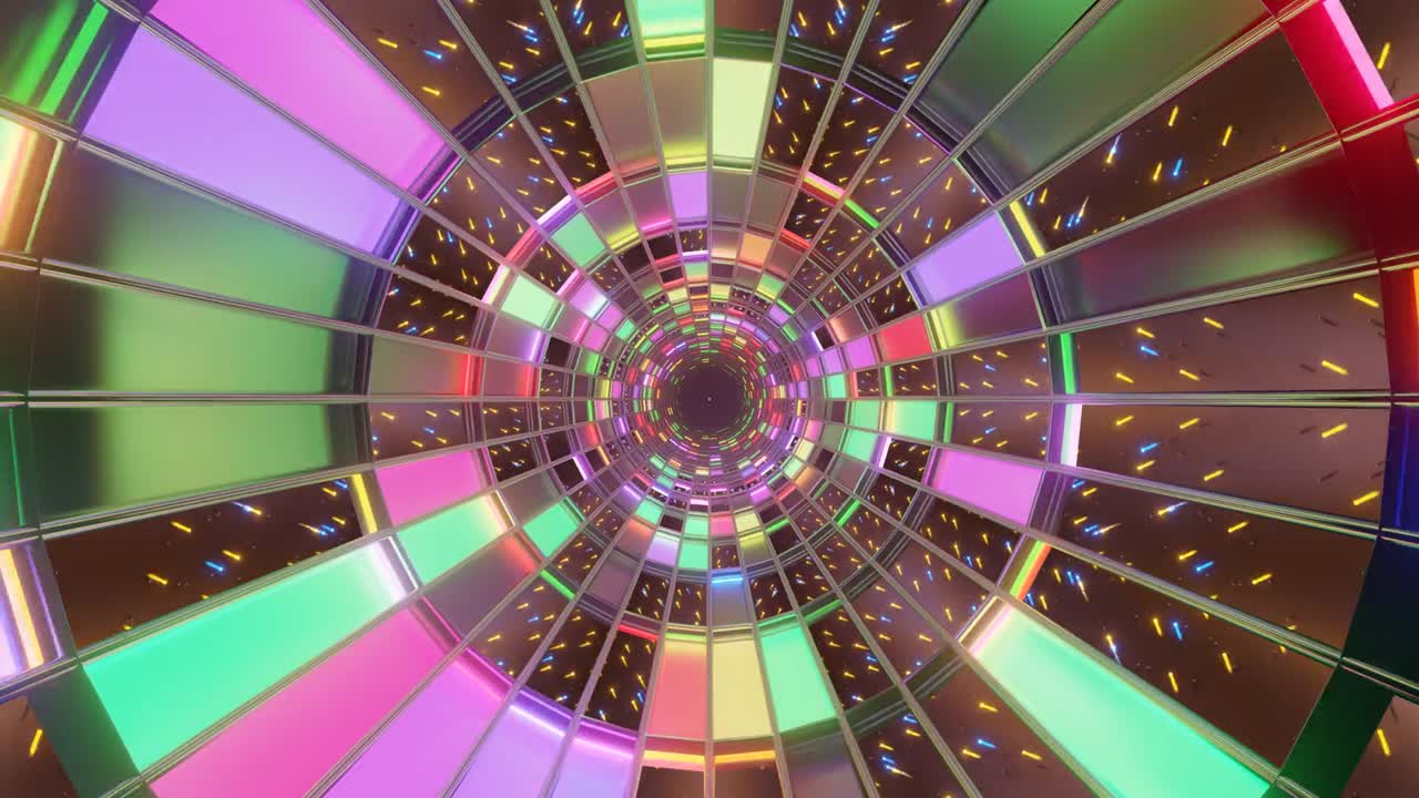 A continuous flow of vivid colors and changing patterns creates a captivating visual experience. The design showcases a swirling circular structure with reflective surfaces, ensuring seamless motion