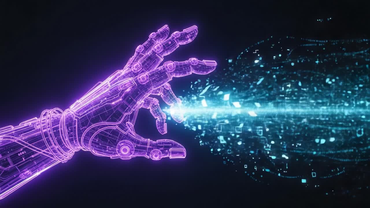 A Futuristic Robotic Hand Reaching Out, Emitting Streams of Sparkling Digital Particles, Symbolizing Advanced Technology and Connectivity