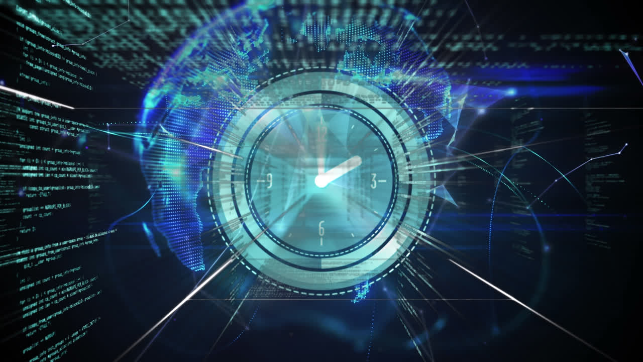 Premium stock video - Animation of clock, globe and data processing on ...