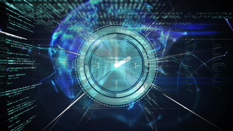 Animation of clock, globe and data processing on black background