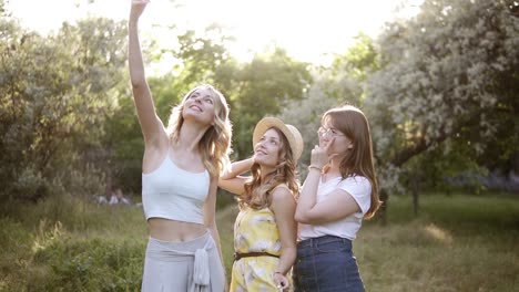 front view of three young women making selfie with mobile phone, posing. girls spending time outdoors in the garden. hen party concept