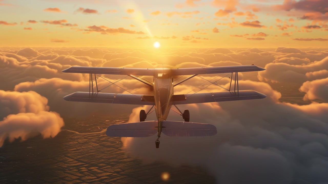 Biplano che vola sopra le nuvole durante un tramonto dorato