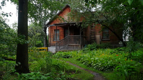 rustic wooden house in a garden