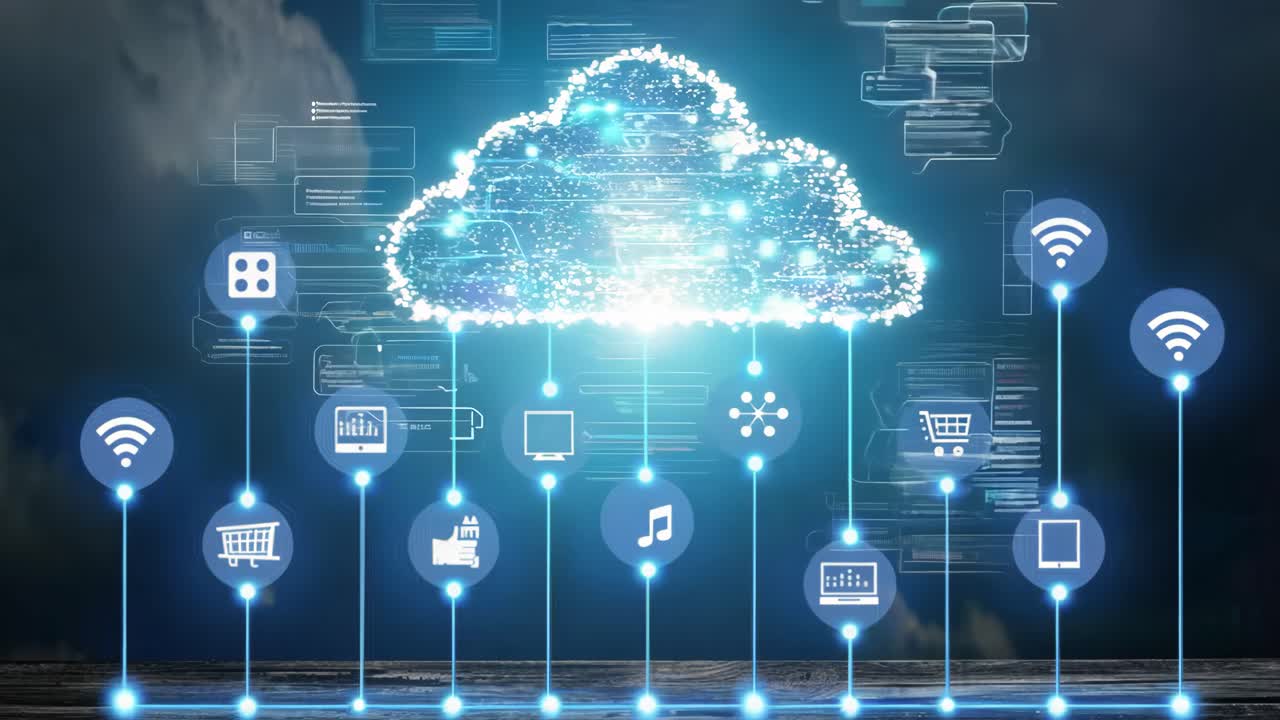 A cloud of technology is displayed with a variety of icons including a shopping cart, a tablet, and a laptop