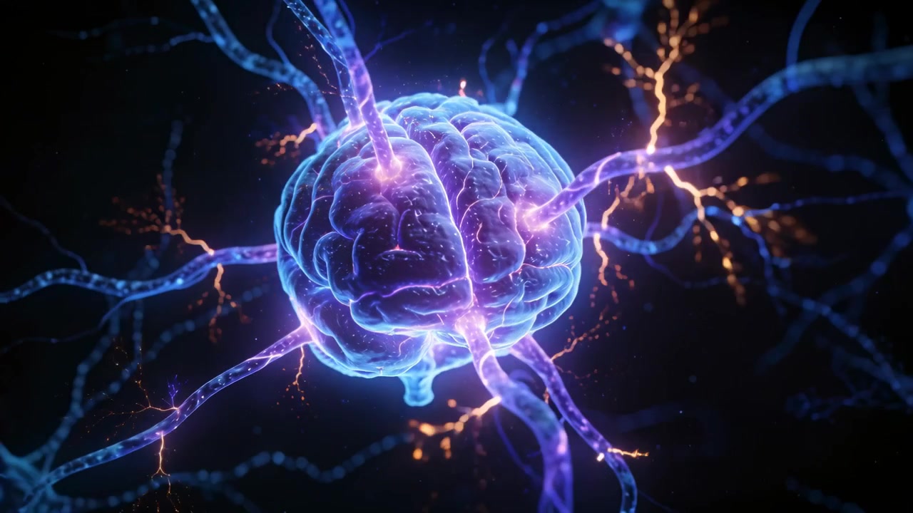Pulsing glowing brain sending orange sparks along axons in deep-blue field, showing neural signals